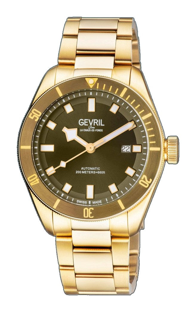 Yorkville Gevril Yorkville Olive Dial Sellita SW200 Swiss Automatic Unidirectional Rotating Bezel Gold Tone Bracelet Date Luminous Watch | Blue Dial