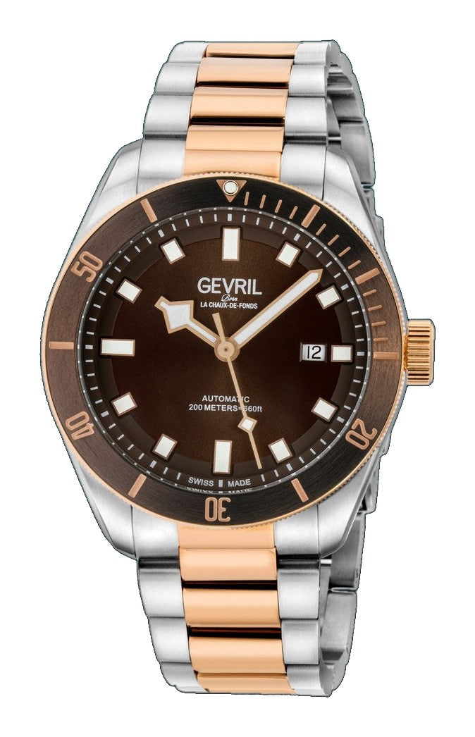 Yorkville Gevril Men's Yorkville Brown Dial Sellita SW200 Swiss Automatic Unidirectional Rotating Bezel Two Tone Bracelet Date Luminous Watch | Brown Dial