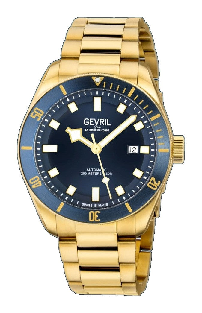 Yorkville Gevril Men's Yorkville Blue Dial Sellita SW200 Swiss Automatic Unidirectional Rotating Bezel Gold Tone Bracelet Date Luminous Watch | Blue Dial