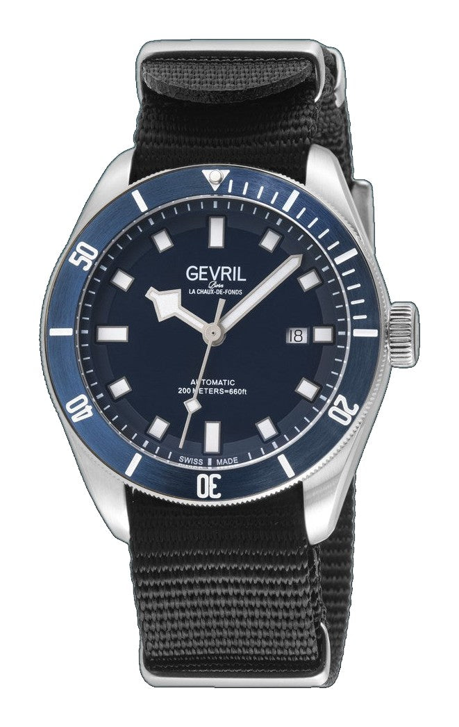 Yorkville Gevril Men's Yorkville Blue Dial Sellita SW200 Swiss Automatic Rotating Bezel Bracelet Date Luminous Watch Nato Strap | Blue Dial