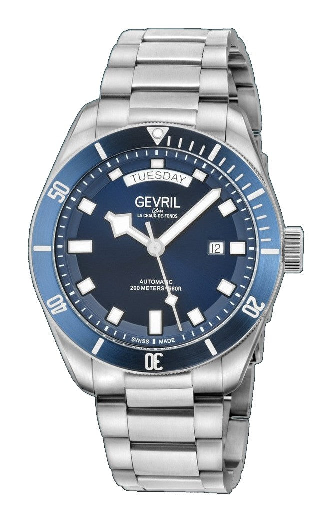 Yorkville-Diver Gevril Yorkville Sellita SW240 Swiss Automatic Diver Watch, SS Case, Blue bezel, Blue Dial | Blue Dial