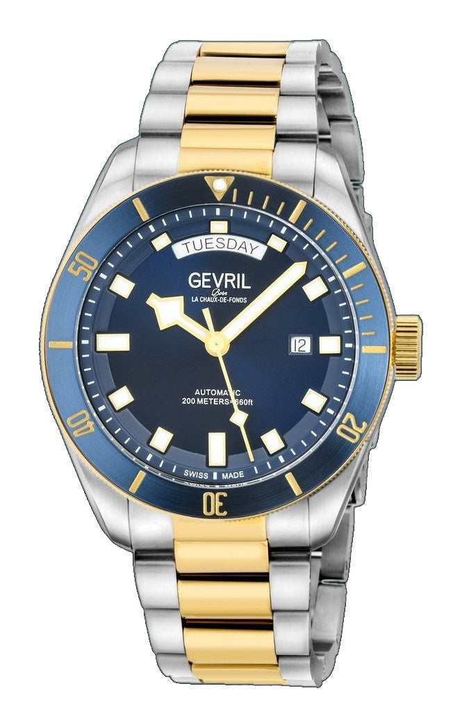Yorkville-Diver Gevril Yorkville Sellita SW240 Swiss Automatic Diver Watch, SS Case, Blue/IPYG bezel, Blue Dial | Blue Dial