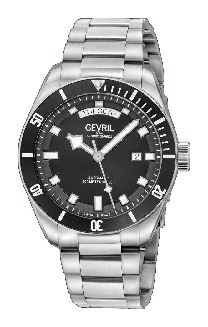 Yorkville-Diver Gevril Yorkville Sellita SW240 Swiss Automatic Diver Watch, SS Case, Black bezel, Black Dial | Black Dial