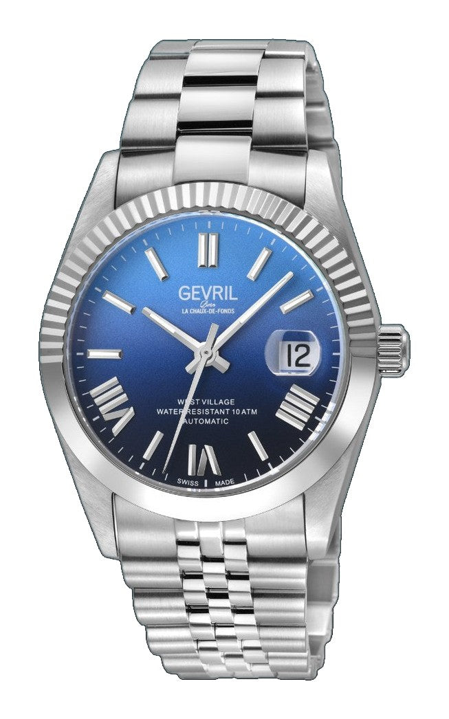 West Village Fusion Elite Gevril Sellita SW200 Swiss Made Automatic Watch Cobalt Horizon Gradient (Blue) magnify date sapphire crystal | Blue Dial