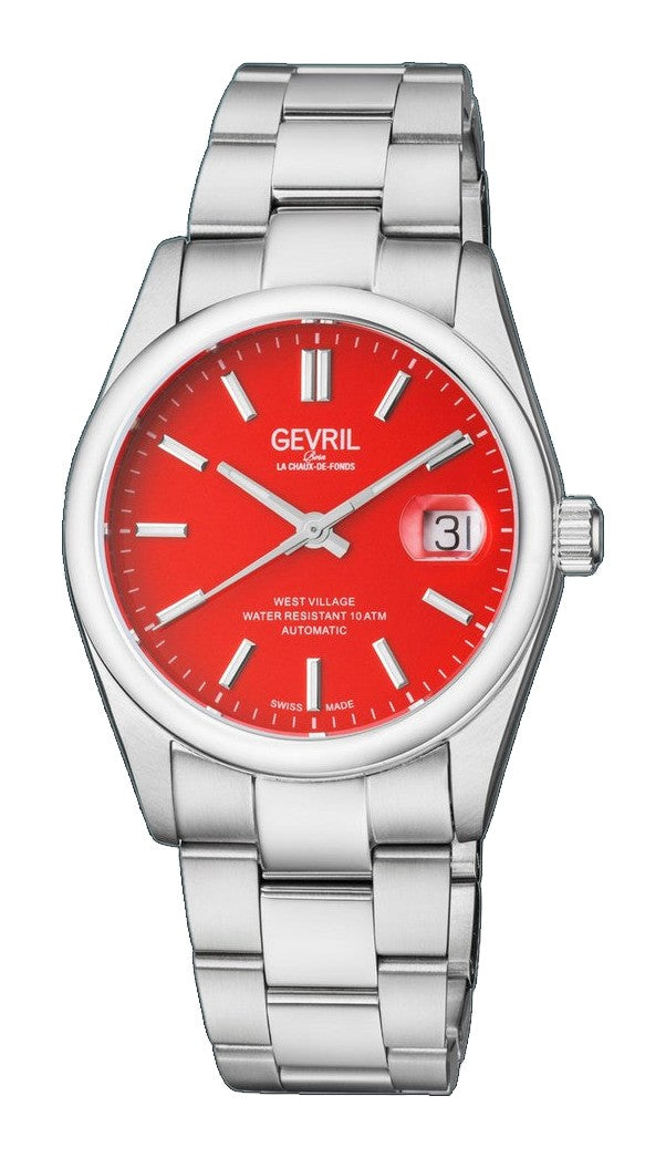 West Village Gevril Sellita SW200 Swiss Made Automatic Watch Red magnify date sapphire crystal | Red Dial