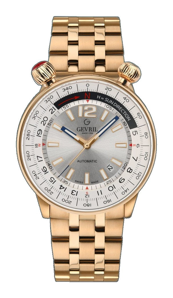 Wallabout Gevril Swiss Made Automatic Solar compass  Rose Gold tone watch | Silver Dial