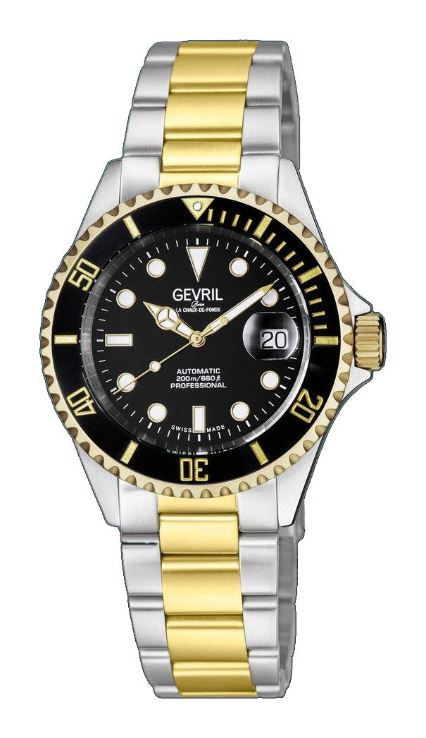 Wall Street Gevril Swiss Made SW200 Steel Rotating Bezel watch, Two toned Gold bezel, Black dial | Black Dial