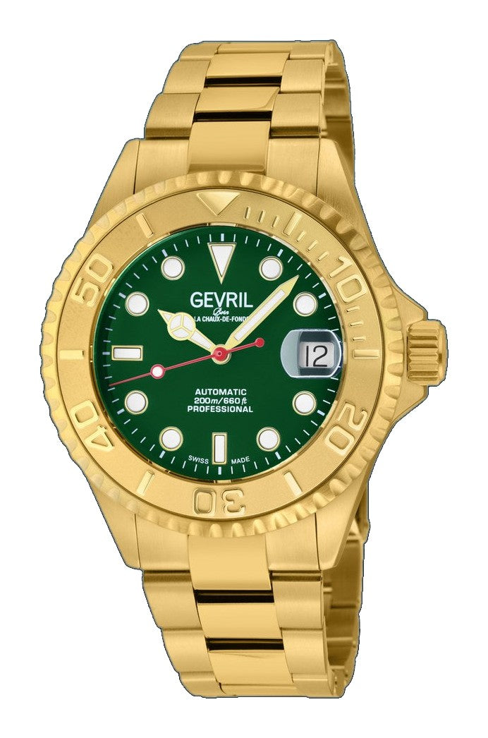 Wall Street Gevril Swiss Made SW200 IPYG Steel Rotating Bezel watch, Gold bezel, Green dial | Green Dial