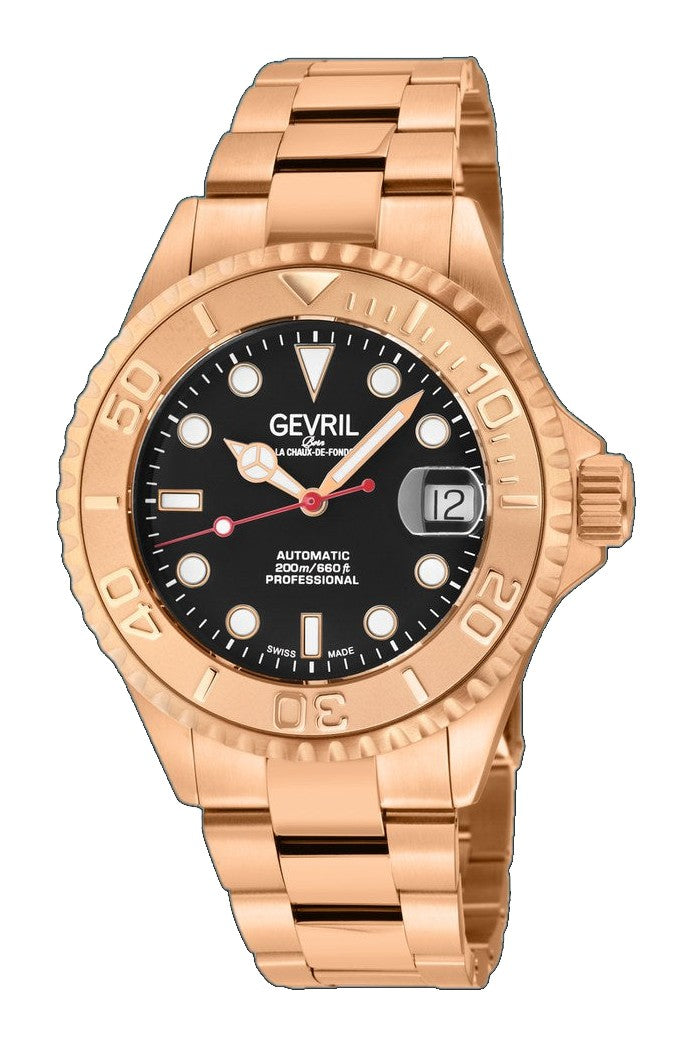 Wall Street Gevril Swiss Made SW200 Steel Rotating Bezel Diver's watch, Rose Gold bezel, Black dial | Blue Dial
