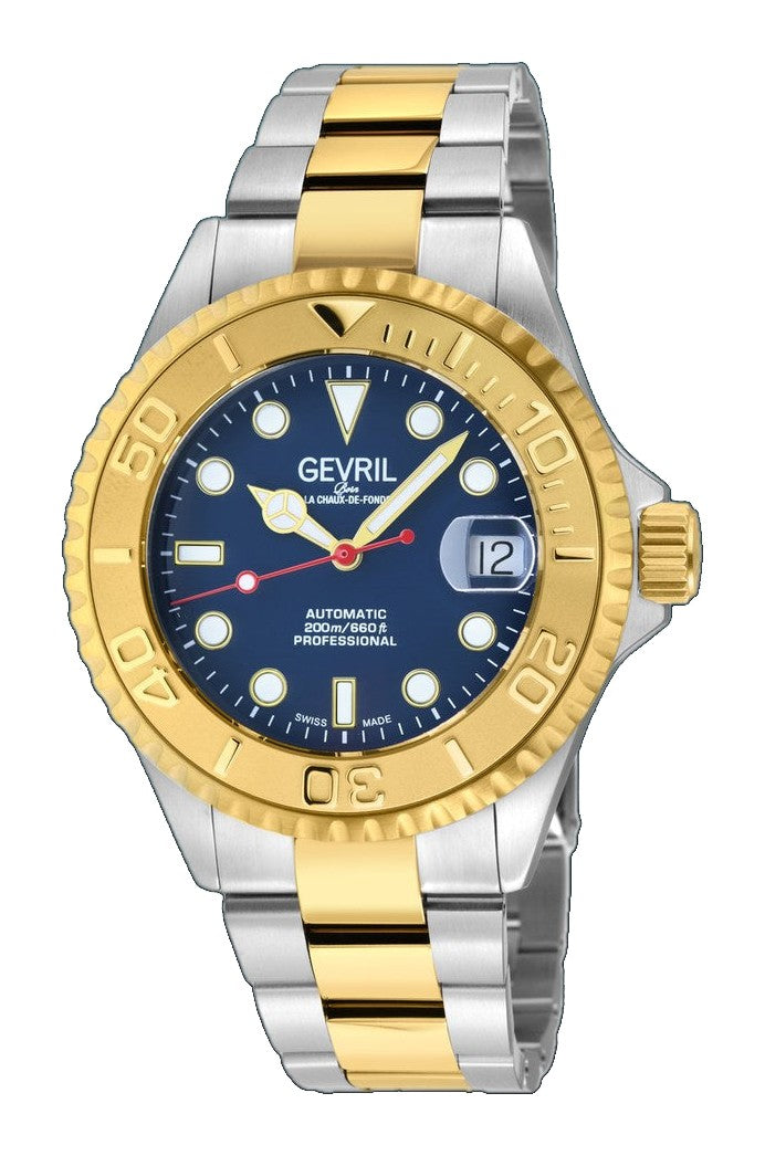 Wall Street Gevril Swiss Made SW200 Steel Rotating Bezel Diver's watch, Two toned Gold bezel, Blue dial | Blue Dial