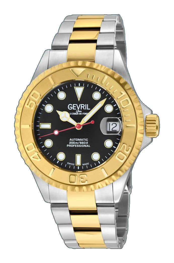 Wall Street Gevril Swiss Made SW200 Steel Rotating Bezel Diver's watch, Two toned Gold bezel, Black dial | Black Dial