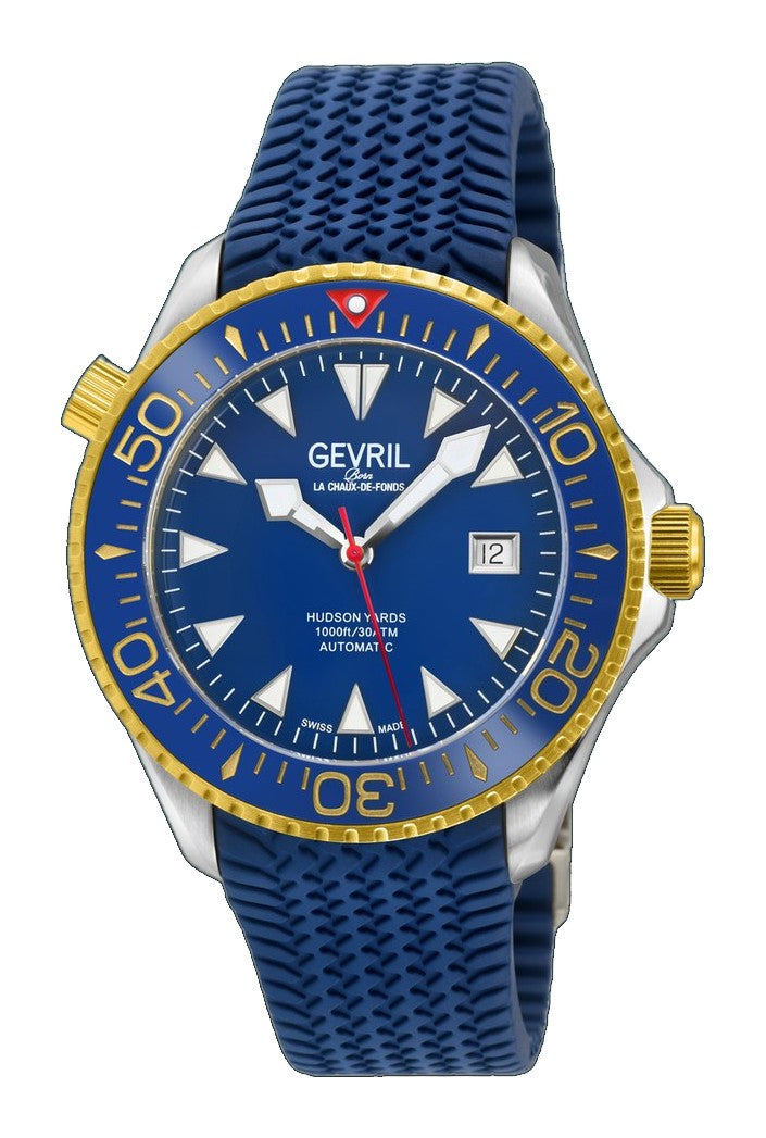 Hudson Yards - Rubber Swiss Made SW200 ceramic rotating bezel helium valve, Blue Rubber Blue Dial