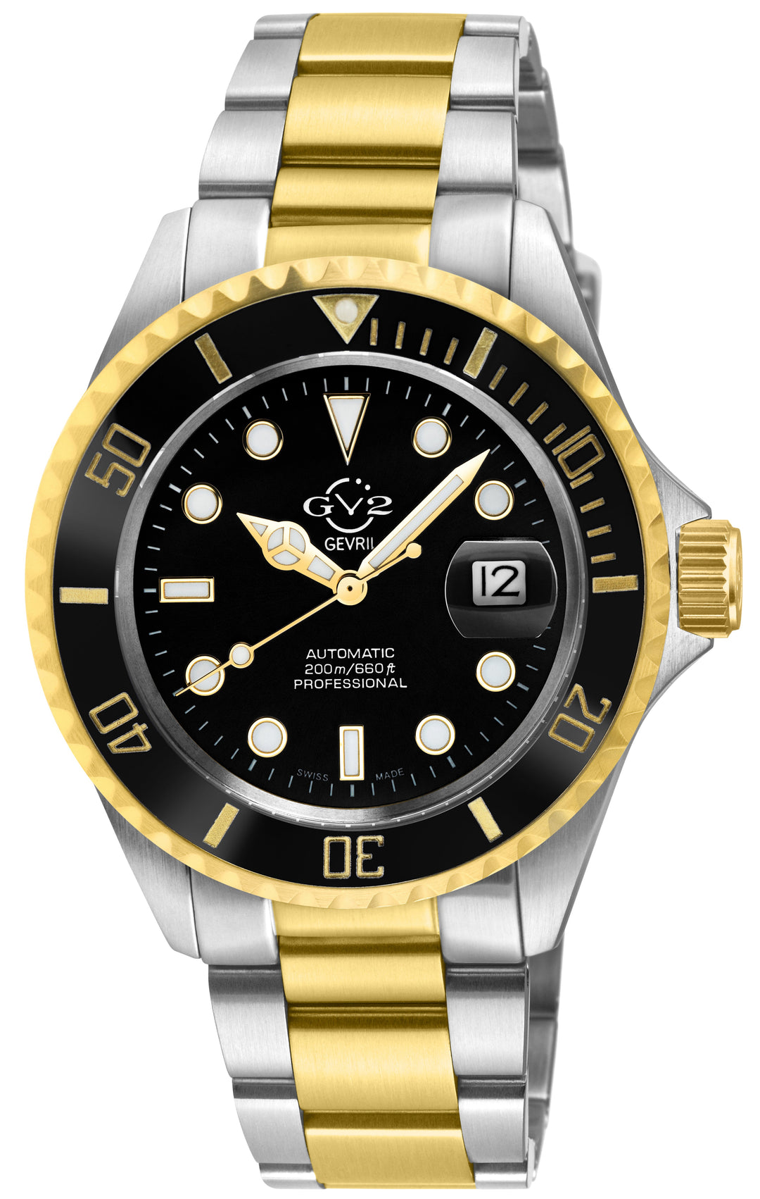 Liguria GV2 by Gevril Swiss Automatic, Black Dial, Black Bezel, SS/IPYG  Bracele
