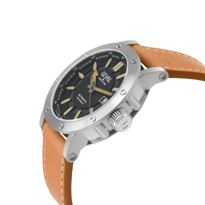 Flat Iron Swiss Made Automatic, 42mm Stainless Steel, Black Dial, 316L Brown Ita