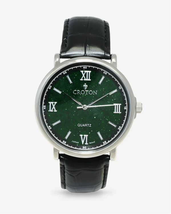 Men's Stainless Steel Quartz Watch with Rust Goldstone Glass Dial & Leather Stra
