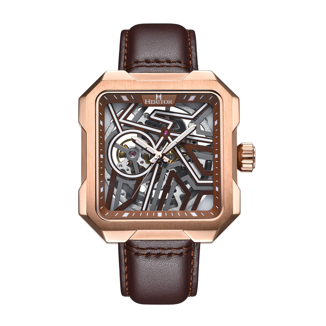 Campbell Leather-Band Skeleton Watch Rose Gold/Brown | Brown Dial