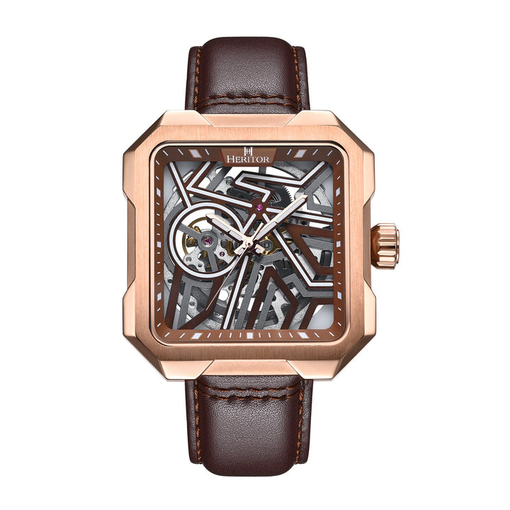Campbell Leather-Band Skeleton Watch Rose Gold/Brown | Brown Dial