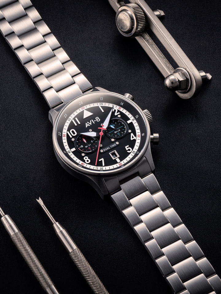 Hawker Hurricane Carey Dual Time Black & Stainless Steel / Stainless Steel | Bla