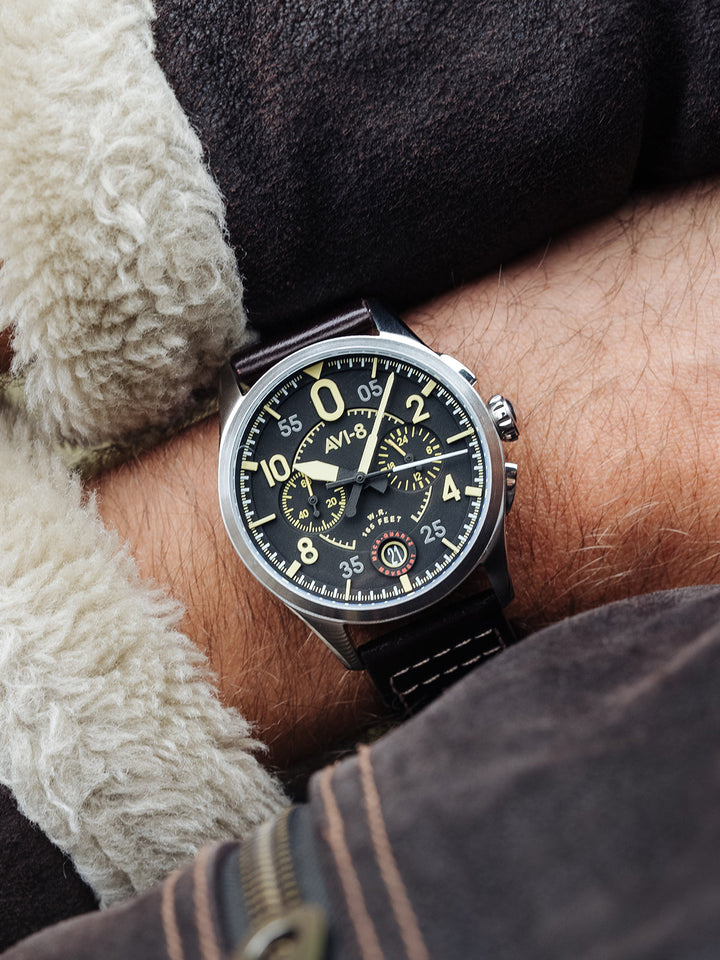 Spitfire Lock Chronograph Watch Black / Brown /  Leather | Black Dial