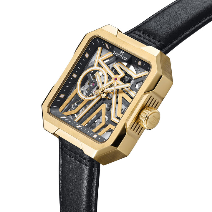 Campbell Leather-Band Skeleton Watch Gold | Gold Dial