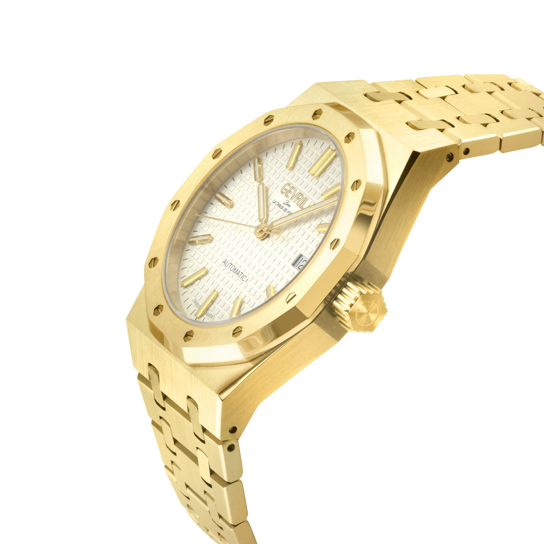 Gotham Swiss Automatic Movement, Silver/White Embossed Dial, IPYG Bracelet | Whi