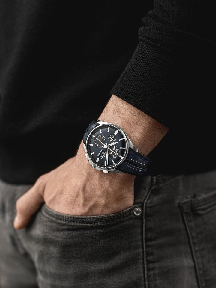 Meister S Chronoscope Midnight Blue Dial / Blue-Black Rubber-Leather Strap Dark 