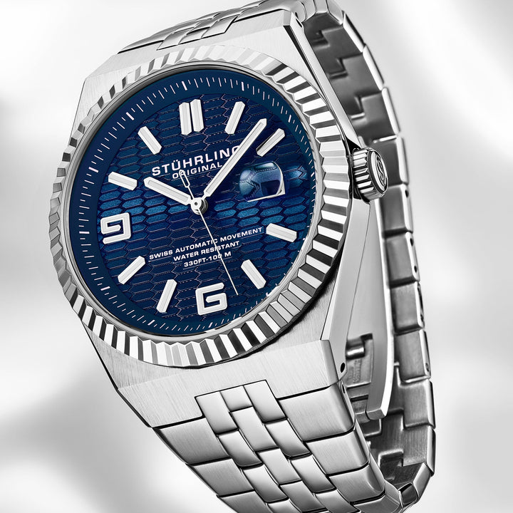 Sentinel 1027 Men's 42mm Navy Guilloché-pattern Dial/Stainless Steel Bracelet