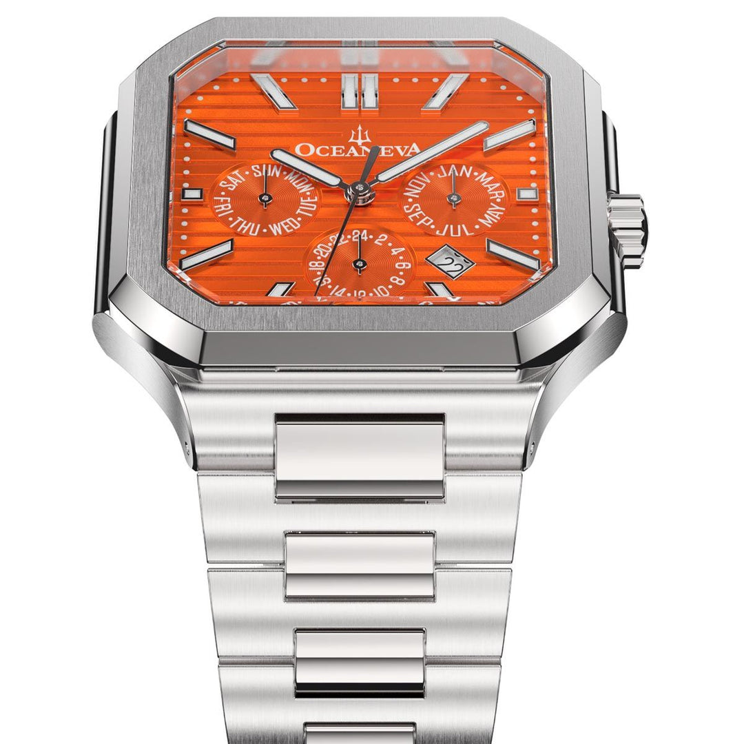 Tenuis Automatic Silver Bezel Watch  | Orange Dial with Calendar