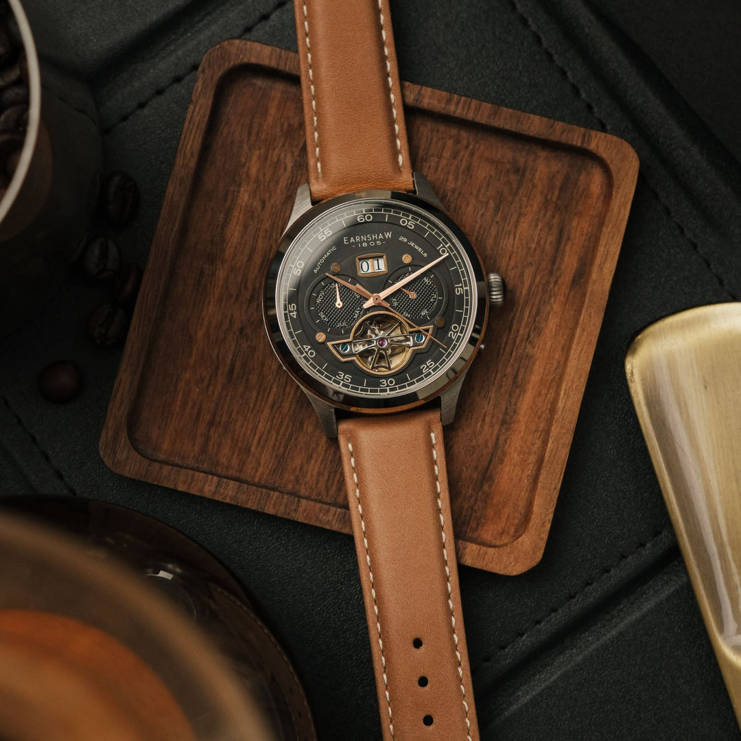 Baron Grand Date Calendar Open Heart Automatic Black / Brown Leather | Black Dia