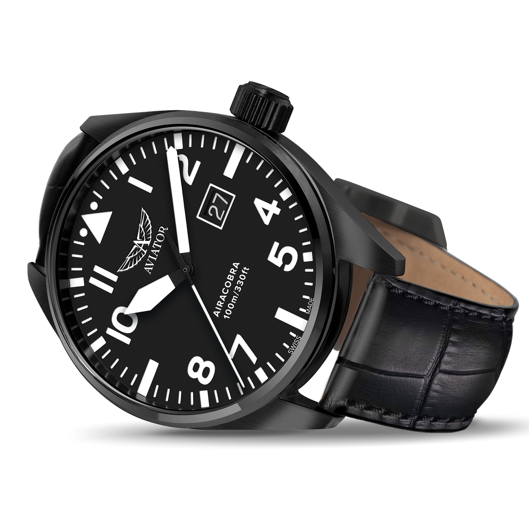 AIRACOBRA P42 Black Calf Leather Strap | Black Dial
