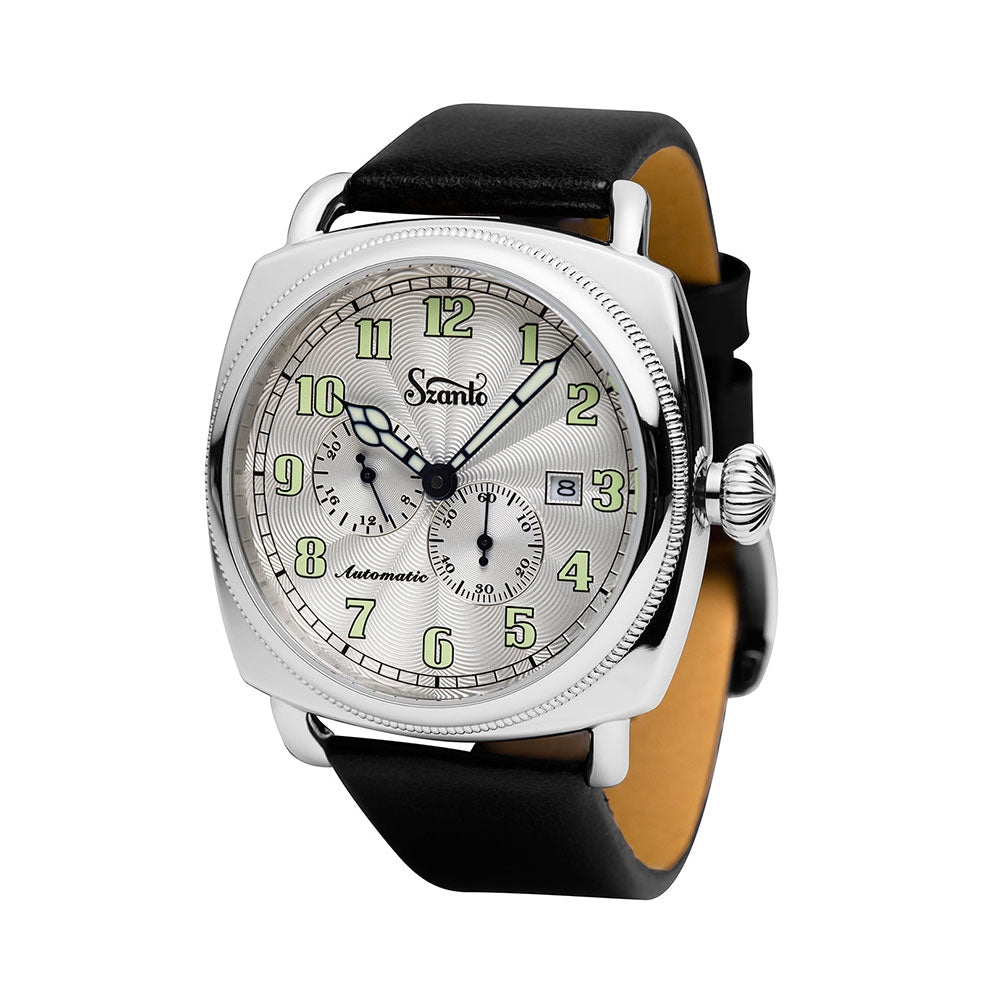 Officer's Coin Automatic Steel Case/Silver Guilloche Dial/Black Leather Strap | 