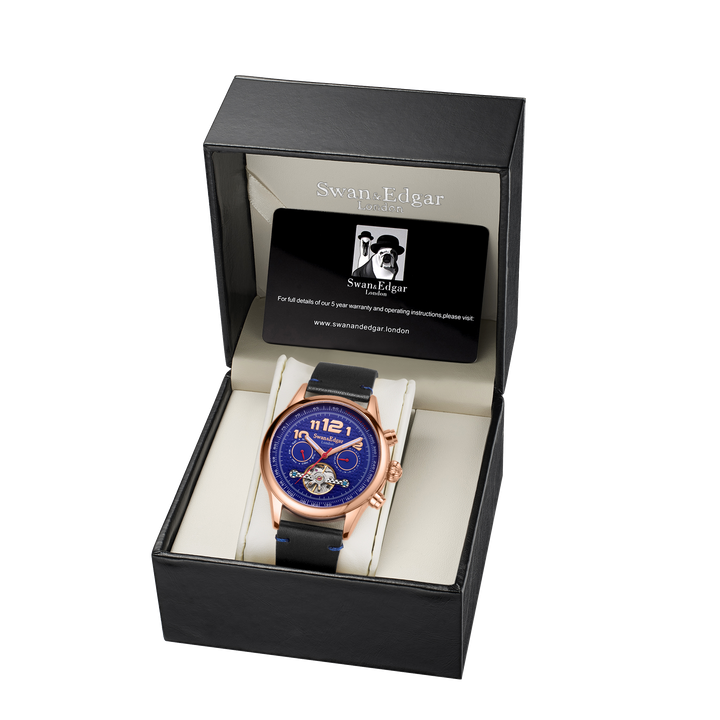 Hasten Automatic Blue Open Exhibition Dial Blue Leather Strap Rose Gold Case 45m