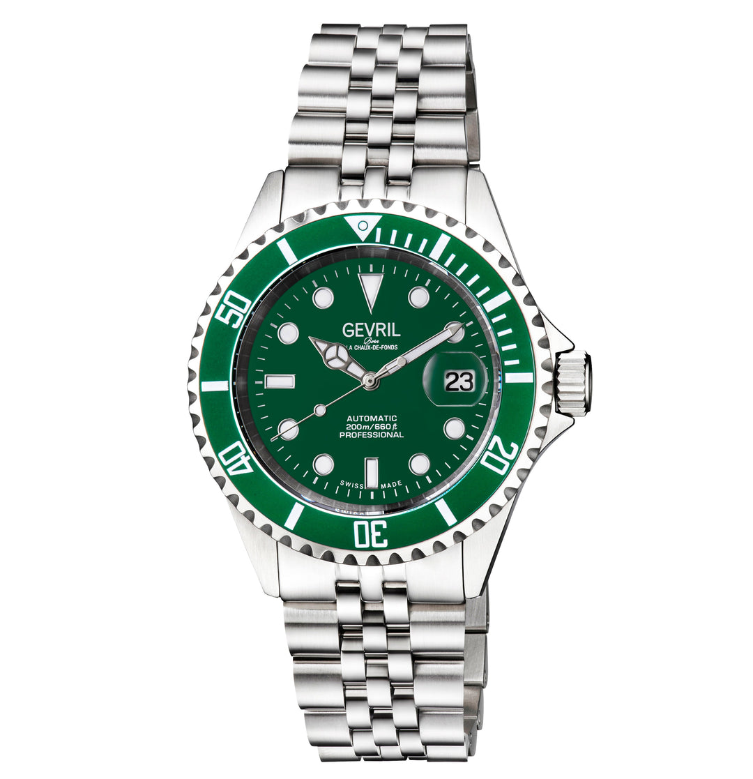 Wall Street Gevril Swiss Made SW200 Steel Rotating bezel Watch, 316L Case, Green