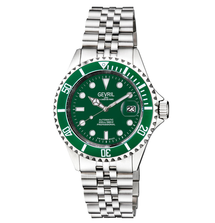 Wall Street Gevril Swiss Made SW200 Steel Rotating bezel Watch, 316L Case, Green