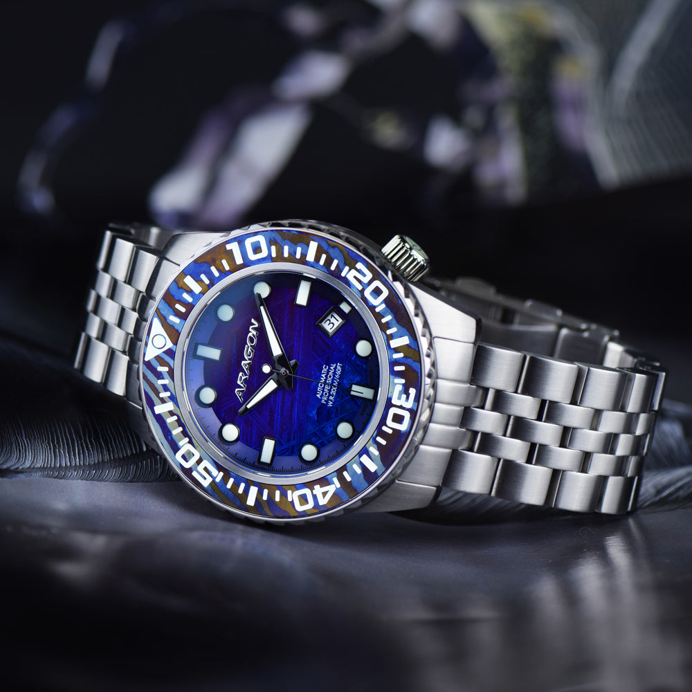 EVO Meteorite Swiss Automatic Limited Edition Titanium Damascus Bezel - Blue | D