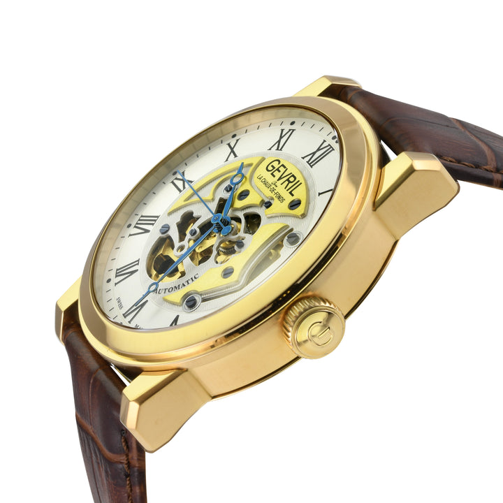 Vanderbilt Swiss Automatic Skeleton IP Gold/Silver,Brown  band Silver Dial