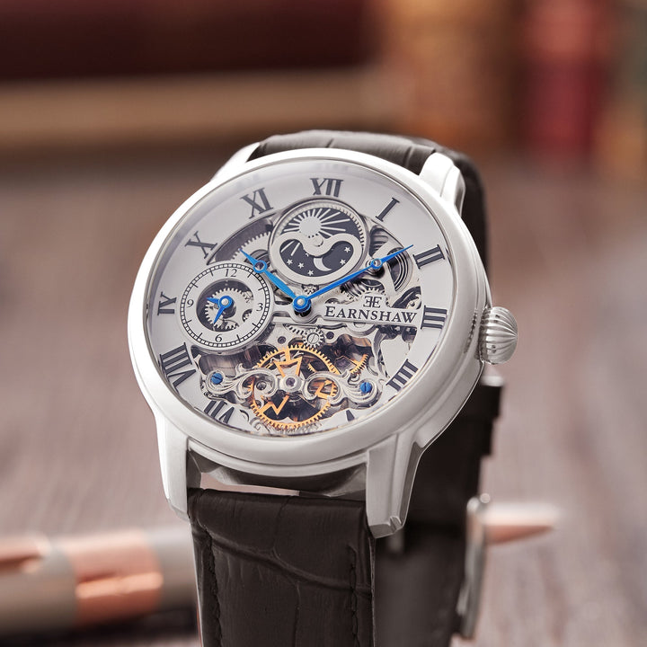 Longitude Automatic Skeleton Watch Silver White & Black / Genuine leather strap 