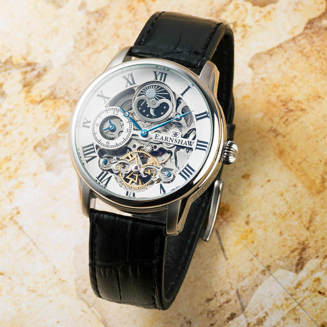 Longitude Automatic Skeleton Watch Silver White & Black / Genuine leather strap 