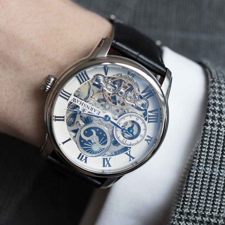 Longitude Automatic Skeleton Watch Silver White & Black / Genuine leather strap 