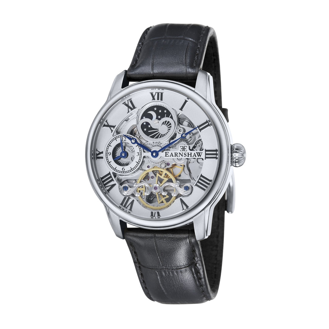 Longitude Automatic Skeleton Watch Silver White & Black / Genuine leather strap 