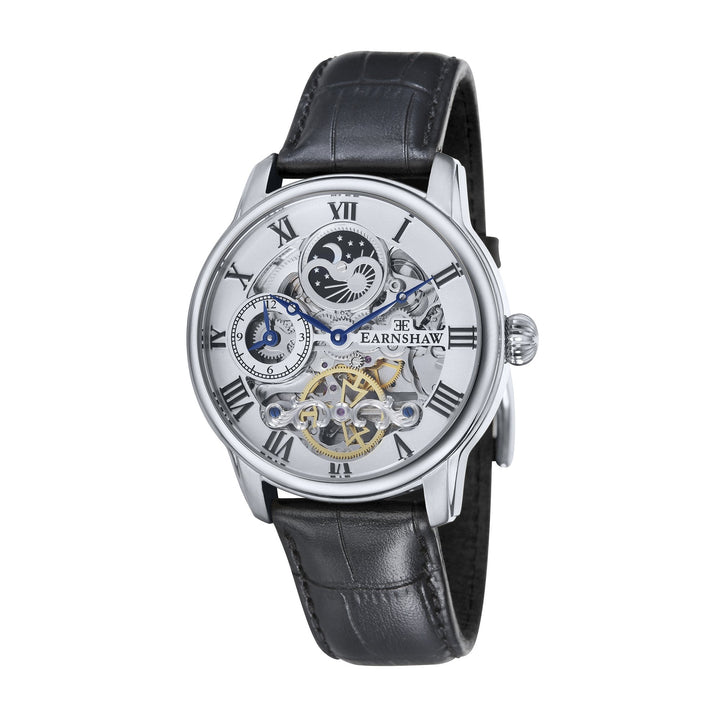 Longitude Automatic Skeleton Watch Silver White & Black / Genuine leather strap 