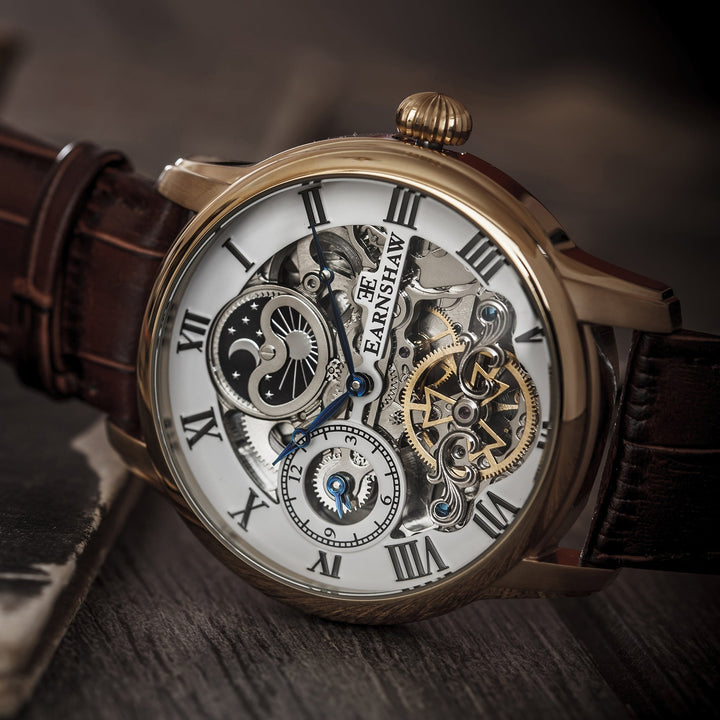 Longitude Automatic Skeleton Watch Silver White & Brown Gold / Genuine leather s