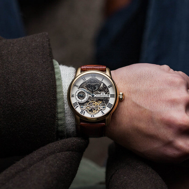 Longitude Automatic Skeleton Watch Silver White & Brown Gold / Genuine leather s