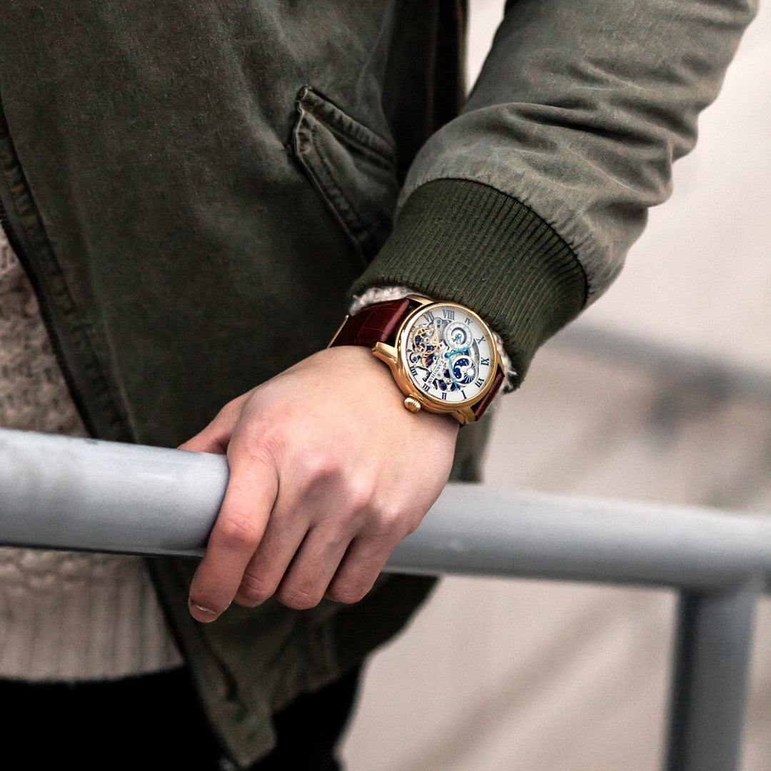 Longitude Automatic Skeleton Watch Silver White & Brown Gold / Genuine leather s
