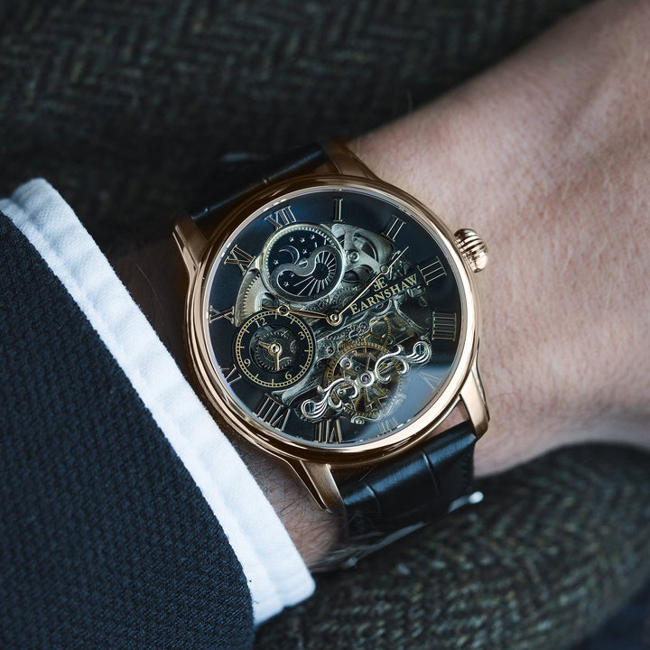 Longitude Automatic Skeleton Watch Black, Genuine leather strap | Semi-transpare