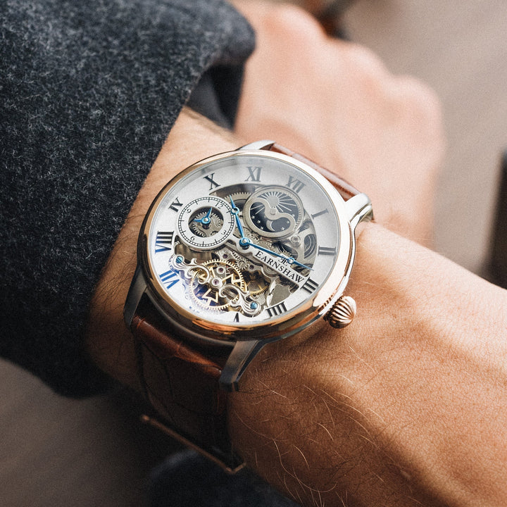 Longitude Automatic Skeleton Watch Silver White & Brown / Genuine leather strap 