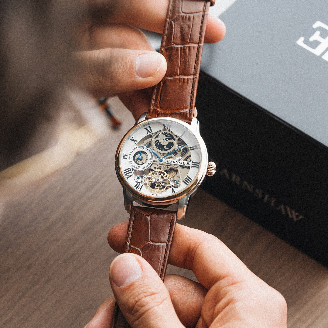Longitude Automatic Skeleton Watch Silver White & Brown / Genuine leather strap 