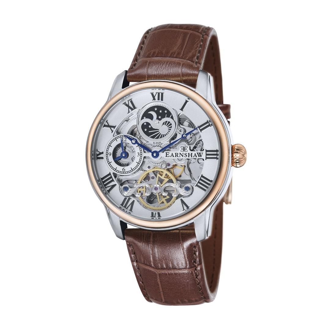 Longitude Automatic Skeleton Watch Silver White & Brown / Genuine leather strap 