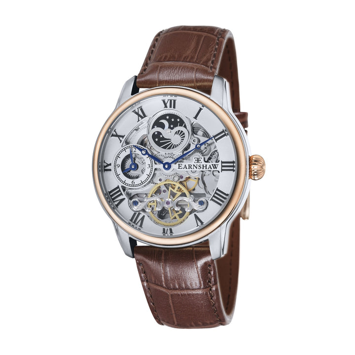 Longitude Automatic Skeleton Watch Silver White & Brown / Genuine leather strap 