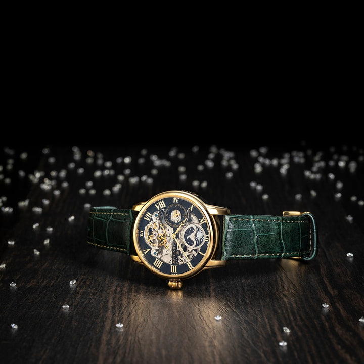 Longitude Automatic Skeleton Watch Green / Genuine leather strap | Semi-transpar